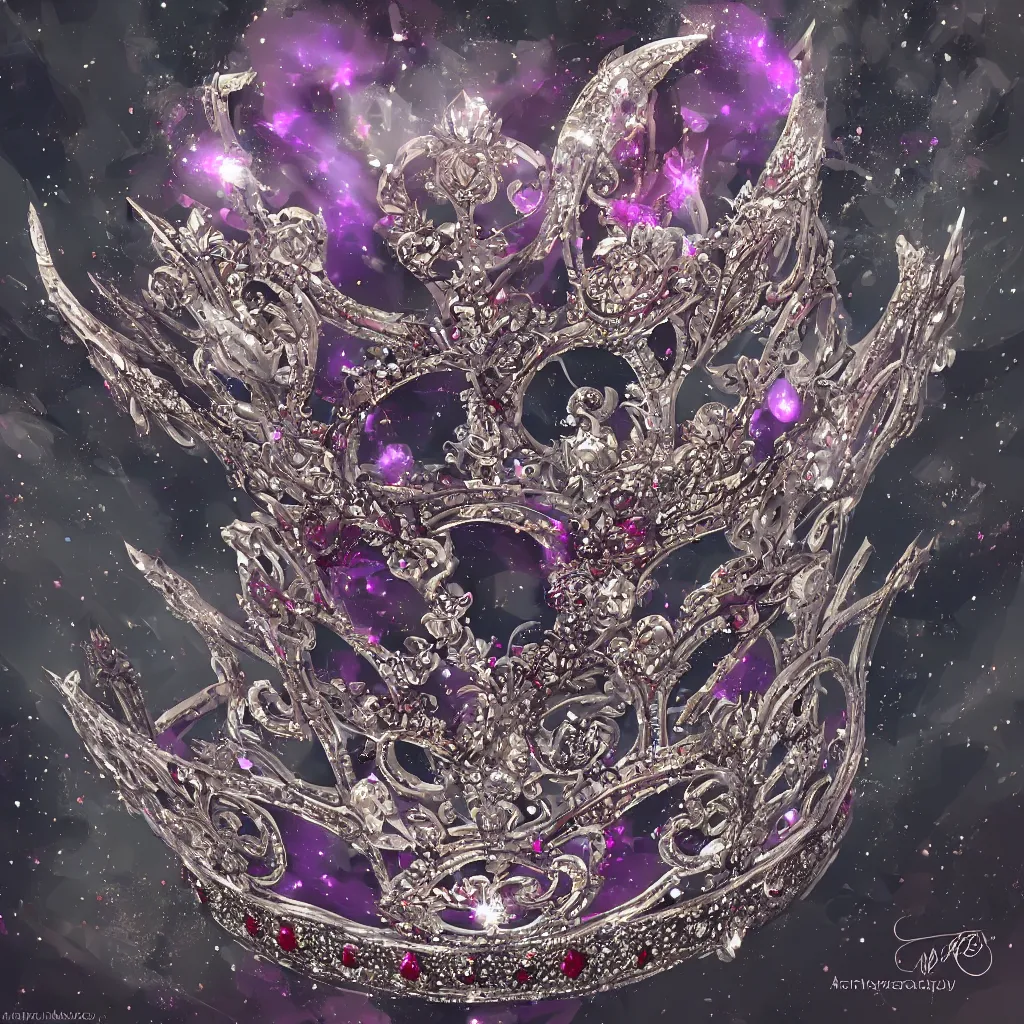 Image similar to a beautiful photorealistic queen's crown design made of platinum glowing in sparkles with heavenly notes neo rococo, diamond and ruby, highly detailed sailor moon aesthetic, fantasy, intricate, elegant, highly detailed, digital painting, artstation, concept art, matte, sharp focus, illustration, in the style of aetherpunk, 8 k