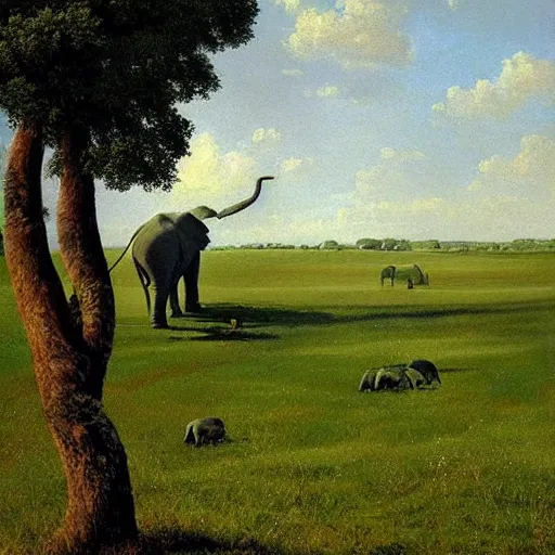 Prompt: an elephant on a green meadow art by Corfield Paul