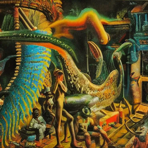 Image similar to high quality, high detail painting, dutch masterpiece, fluxus, blu, film noir, william s burroughs, scene in las pozas with quetzalcoatl at night, hd, muted lighting