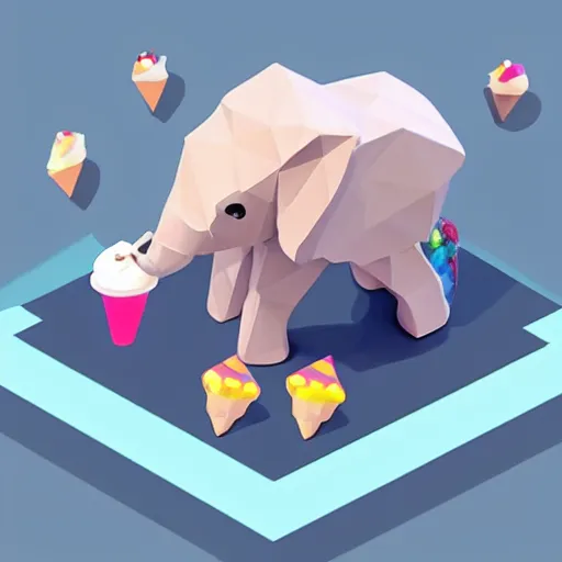 Prompt: a low - poly isometric cute elephant playing with ice - cream, cute art, art for children