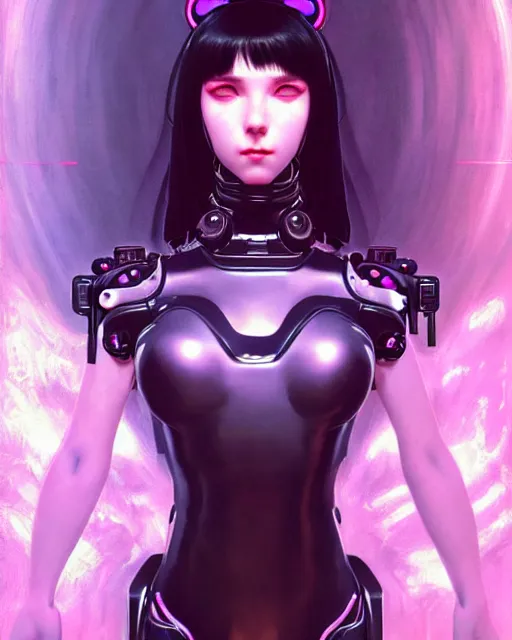 Prompt: portrait of beautiful cute cyborg maiden goth girl in latex, cyberpunk, warhammer, neon night city, high details, art by ( ( ( kuvshinov ilya ) ) ) and wayne barlowe and gustav klimt and artgerm and wlop and william - adolphe bouguereau