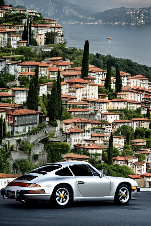 Image similar to Photo of a silver Porsche 911 Carrera 3.2 parked on a dock with Lake Como in the background, daylight, dramatic lighting, award winning, highly detailed, 1980s, luxury lifestyle, fine art print, best selling.