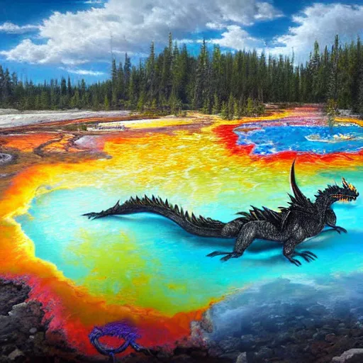 Prompt: highly detailed oil painting of a black dragon in a colorful hotspring at yellowstone national park, featured on artstation