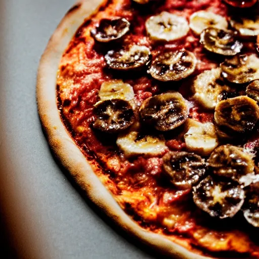 Prompt: a 5 0 mm macro shot of a banana pizza, depth of field, high resolution