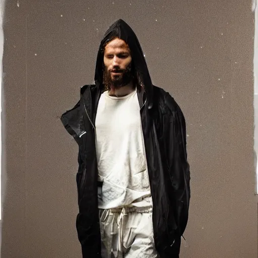 Image similar to a full body lookbook portrait of modern - day jesus wearing virgil abloh off - white menswear and sneaker collection by nicola samori, hat and hoodie, detailed, oil painting, hyper - realistic, 8 k, off - white collection