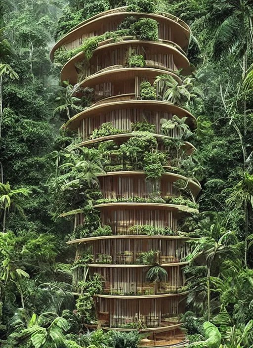 Image similar to “beautiful Amazon forest architecture building , the building is in a forest while there’s a heavy storm, luxury architecture, architecture digest, raining environment, bright tones, fluorescent lighting,volumetric Lighting, photorealism, high detail, golden ratio, cinematic, octane renderer”