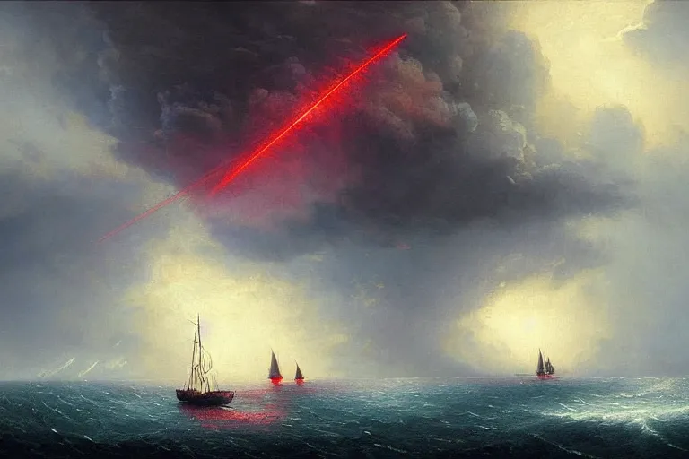 Image similar to A beautiful matte painting of huge spherical alien spaceship attacking with powerful red lasers a Sailship in ocean in thunderstorm by Greg Rutkowski and Ivan aivazovsky