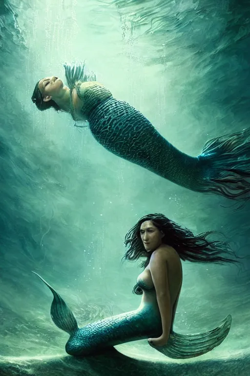 Image similar to a beautiful image of q'orianka kilcher as a mermaid swimming in a fantastic underwater city, hyper realistic face, full body, beautiful eyes, fantasy art, in the style of greg rutkowski, intricate, hyper detailed, smooth