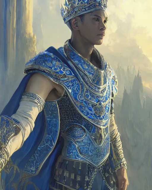 Image similar to concept art, full body portrait of king sorcerers, ornate, blue and silver, armor, robes, hyperrealistic, 4 k, dramatic scene, cinematic lighting, atmospheric perspective, unreal engine, highly detailed, dramatic lighting, beautiful, atmospheric lighting, visible face, by makoto shinkai, stanley artgerm lau, wlop, rossdraws