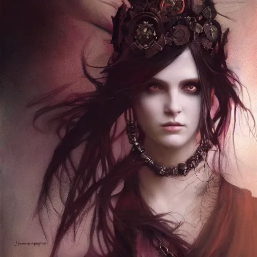 Image similar to dark goth queen by jeremy mann and alphonse mucha, fantasy art, photo realistic, dynamic lighting, artstation, poster, volumetric lighting, very detailed faces, detailed eyes, 4 k, award winning dark, goth, queen, dark fantasy, hyperrealistic portrait, art of elysium, full figure, very detailed face, 4 k, award winning,