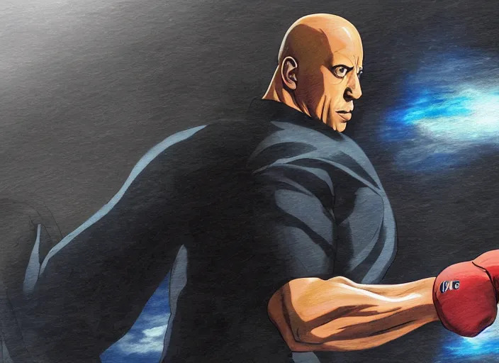 Image similar to landscape, long shot of vin diesel as saitama! punching!!! a car!!! through space, hyperrealism, trending on artstation