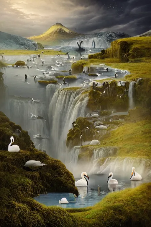 Image similar to beautiful bjork with swans in iceland by hubert robert and lee madgwick and roger dean and jacek yerka, dan mumford and alex grey style, soft lighting, 4 k hd wallpaper illustration concept joy atmospheric lighting