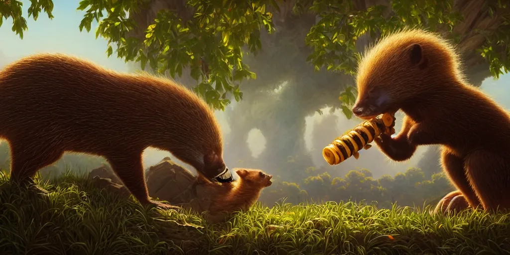 Prompt: a honey badger eating honey, extremely detailed oil painting, unreal 5 render, rhads, bruce pennington, studio ghibli, tim hildebrandt, digital art, 8 k artistic photography, octane render, beautiful composition, trending on artstation, award - winning photograph, masterpiece