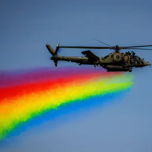 Image similar to an rainbow coloured Apache attack helicopter flying trough the air