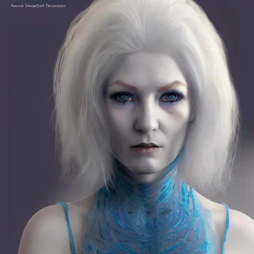 Image similar to a woman with white hair and blue eyes, a character portrait by Brian and Wendy Froud, trending on cg society, fantasy art, zbrush, airbrush art, digital painting