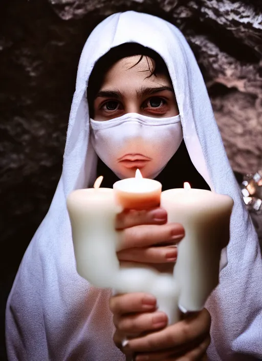 Image similar to photograph of a future jewish prophet wearing a white hood, cinematic, epic framing, closeup, dslr. spiritual, candle lit cave background