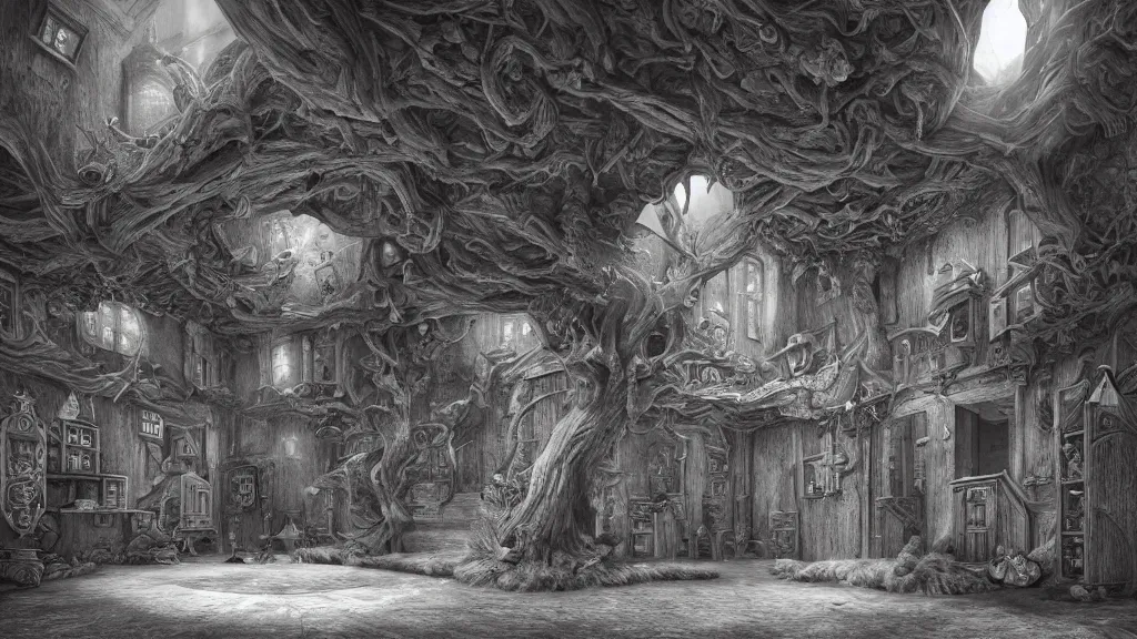 Prompt: a beautiful hyper realistic detailed matte painting of the owl manor, a place where you will be lost in strange room full of optical illusion, dramatic lighting, dynamic lighting, cinematic lighting, dynamic lighting, cinematic lighting, lit by morning light, by maurits cornelis escher, black and white, featured on artstation, ultrawide angle