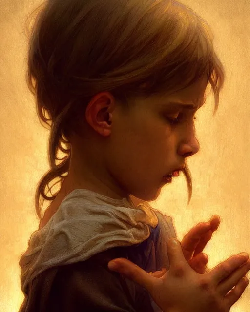 Image similar to poor hungry kid praying to a cross, emotional sad painting, very poor, cross, christianity, fantasy, cruel, dramatic lighting, intricate, wild, highly detailed, digital painting, artstation, concept art, smooth, sharp focus, illustration, art by artgerm and greg rutkowski and alphonse mucha