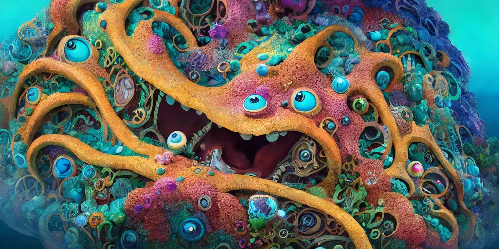 Image similar to of an intricate sea reef with strange cute friendly happy creatures with huge eyes, mouth, long tongue, round teeth and goofy face, appearing from the background, in the style of gehry and gaudi, macro lens, shallow depth of field, ultra detailed, digital painting, trending artstation, concept art, illustration, cinematic lighting, photorealism, epic, octane render