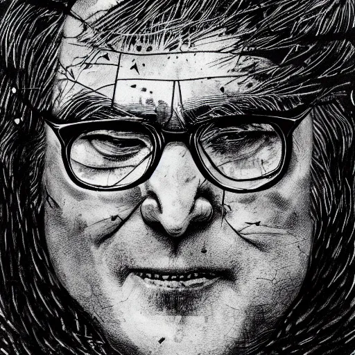 Image similar to Yoshitaka Amano realistic illustration of jeb bush ,hair fluttering in the wind, cracks on his face wearing Elden ring armour with engraving, abstract black and white patterns on the background, noisy film grain effect, highly detailed, Renaissance oil painting, weird portrait angle, blurred lost edges, three quarter view