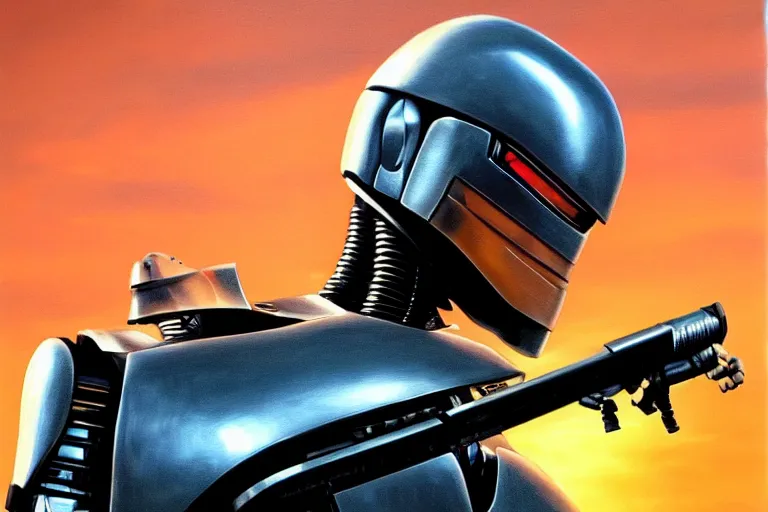 Image similar to robocop, fantasy, painting, ultra realistic!!!, clear weather, golden hour, sharp focus