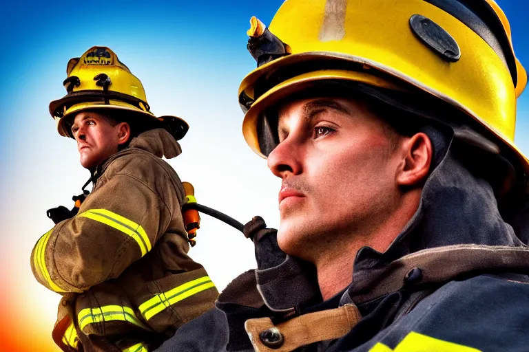 Image similar to fireman, ultra realistic!!!, clear weather, golden hour, sharp focus