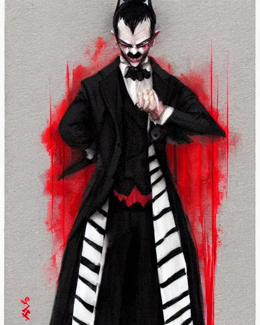 Image similar to Medium shot of Red Imp + White black striped horns + Formal outfit, in the style of greg rutkowski