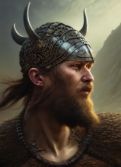 Image similar to closeup portrait shot of a viking warrior in a scenic dystopian environment, intricate, elegant, highly detailed, centered, digital painting, artstation, concept art, smooth, sharp focus, illustration, artgerm, tomasz alen kopera, peter mohrbacher, donato giancola, joseph christian leyendecker, wlop, boris vallejo