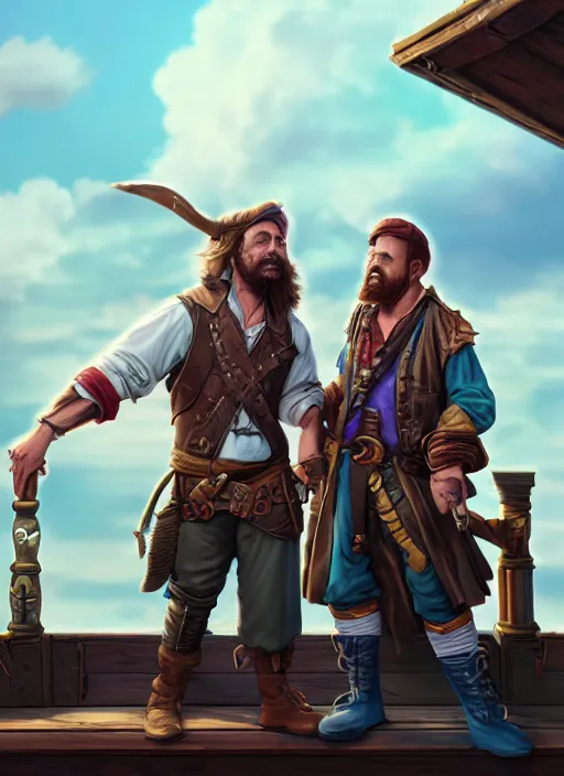 Image similar to an epic fantasy comic book style portrait painting of two bumbling idiot sky - pirates on the deck of a skyship looking at a chest, unreal 5, daz, hyperrealistic, octane render, cosplay, rpg portrait, dynamic lighting, very detailed faces