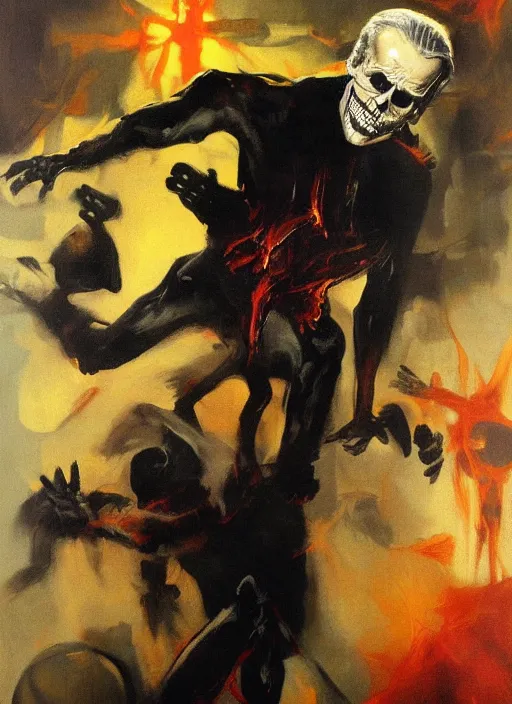 Image similar to joe biden satan, skeleton, libtard scary, painting by phil hale, fransico goya,'action lines '!!!, graphic style, visible brushstrokes, motion blur, blurry, visible paint texture, crisp hd image