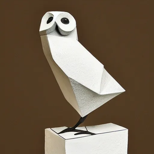 Prompt: cubist sculpture of a white owl black on white