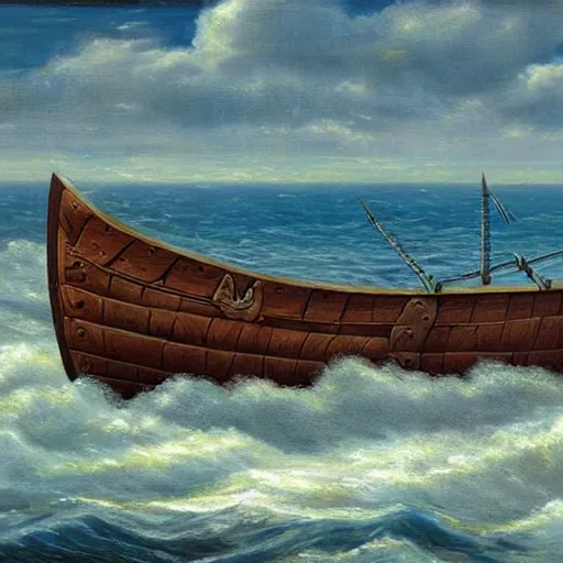 Prompt: viking longship in the sea, norse, history, wood, oil painting, waves, romanticism, clouds