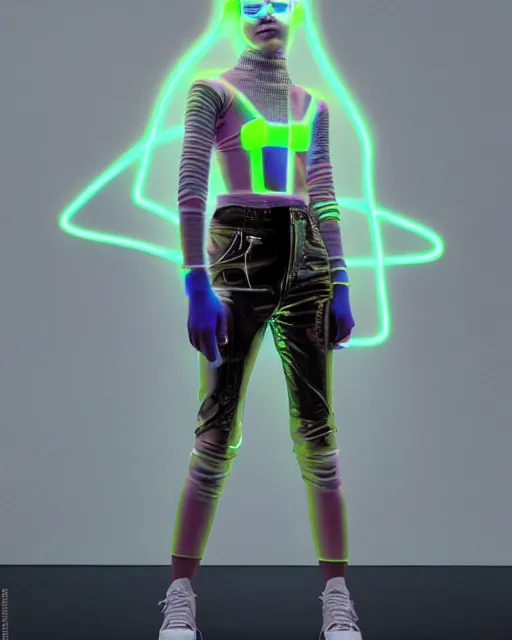 Image similar to full body shot of young punk woman dressed in futuristic cyberpunk clothing, soft neon diffused light, bjork aesthetic, translucent, by rineke dijkstra and artgerm, intricate details, highly detailed, masterpiece, 8 5 mm