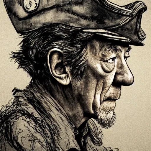 Image similar to a realistic yet scraggly portrait photo of the side profile of a stern and sophisticated ian mckellen as a pirate captain, octane render, intricate details, in the style of frank auerbach, in the style of sergio aragones, in the style of martin ansin, in the style of david aja, in the style of mattias adolfsson