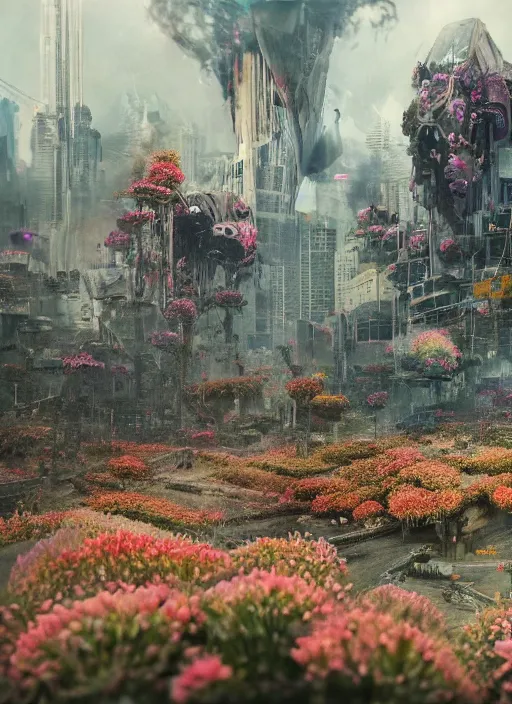 Image similar to A dystopian future in a city made up of the most incredible flowers ever seen, evil, demonic, angelic, flowers, nature, city, environment concept, cinematic, Rendered in Octane, trending on artstation, cgsociety, moody lighting rendered by octane engine, environment 8K artstation, cinematic lighting, intricate details, 8k detail post processing, hyperealistic, octane render, photo realism, visually inspired by Blade Runner 2049