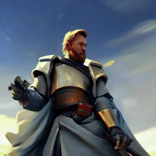 Image similar to greg manchess portrait painting of armored obi wan kenobi as overwatch character, medium shot, asymmetrical, profile picture, organic painting, sunny day, matte painting, bold shapes, hard edges, street art, trending on artstation, by huang guangjian and gil elvgren and sachin teng