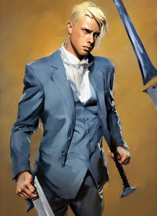 Prompt: greg manchess portrait painting of a blond man in a blue suit with a big sword, asymmetrical, profile picture, organic painting, sunny day, matte painting, bold shapes, hard edges, street art, trending on artstation, by huang guangjian, gil elvgren, ruan jia, randy vargas, greg rutkowski