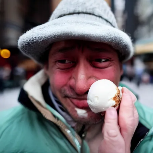 Image similar to photograph of a crying man holding a tiny small ball of ice cream in nyc.
