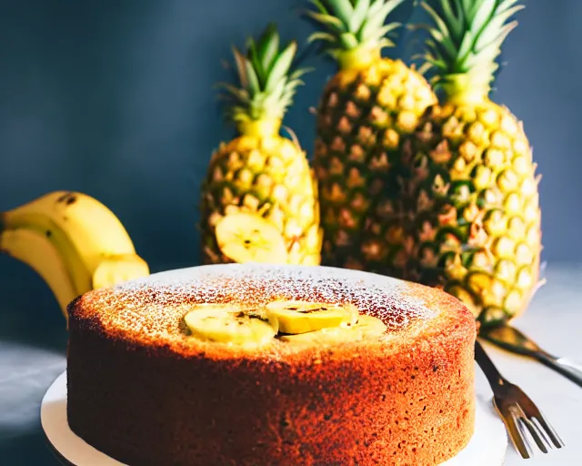 Image similar to dslr food photograph of a pineapple and banana cake, 8 5 mm f 1. 4