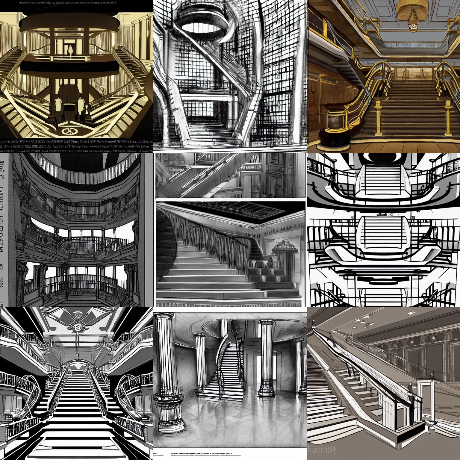 Prompt: grand staircase of the titanic, futuristic design study, interior architecture study draft, very detailed