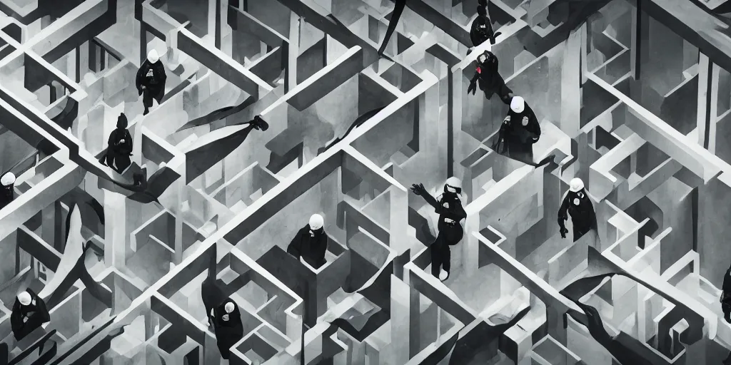 Prompt: woman wearing all black has shootout with staff, staff wearing hazmat suits, underground lab, MC Escher style architecture, sterile, unknown location, birds eye view, epic, light and shadows, concept art