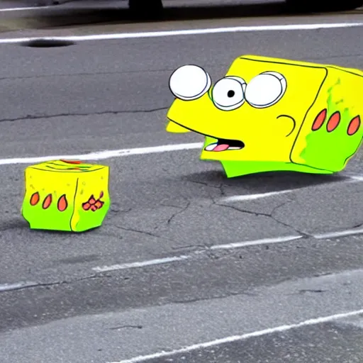 Prompt: SpongeBob round pants got hit by a car