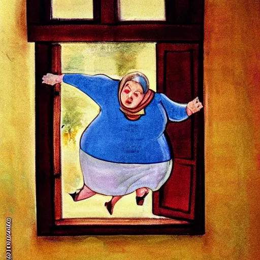 Prompt: a modeen etchine art work of a fat old woman flying trough the window into the kitchen. funny scene