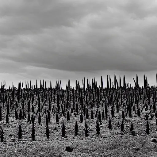 Image similar to radioactive spike field, monolithic granite spikes, one lone person standing in front of the spikes, creepy monotone black and white lighting, post nuclear fallout, desolate, no life, high resolution, old photo,