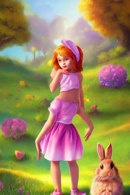 Image similar to matte sharp painting cute little girl and rabbit landscape painted by mark rydel artstation behance storybook lisa frank