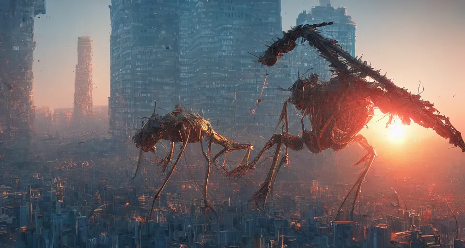 Image similar to giant insects crush a city, hyperdetailed, artstation, cgsociety, golden hour 8k