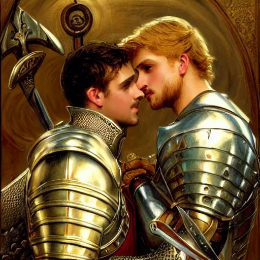 Image similar to attractive fully clothed arthur pendragon confesses his love for his attractive fully clothed male knight. highly detailed painting by gaston bussiere and j. c. leyendecker 8 k