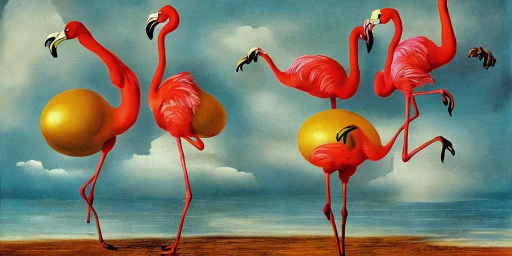 Prompt: Pair of dancing flamingos with a flying egg, oil painting by Salvador Dali.