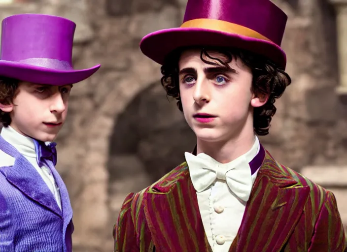 Image similar to film still of Timothée Chalamet as Willy Wonka in new Willy Wonka movie, 4k