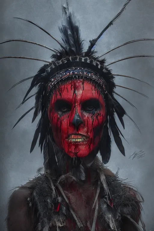 Image similar to the ghost - spirit of the grim - warpaint wears the scarlet skull armor and native blood headdress feathers, midnight fog - mist!, dark oil painting colors, realism, cinematic lighting, various refining methods, micro macro autofocus, ultra definition, award winning photo